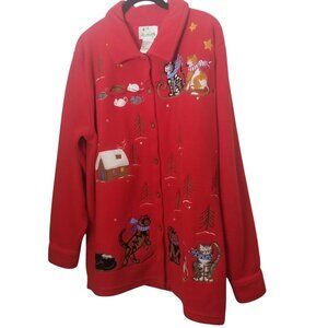 Quacker Factory Women's Red Fleece Embroidered Christmas Cat Shacket Sz L